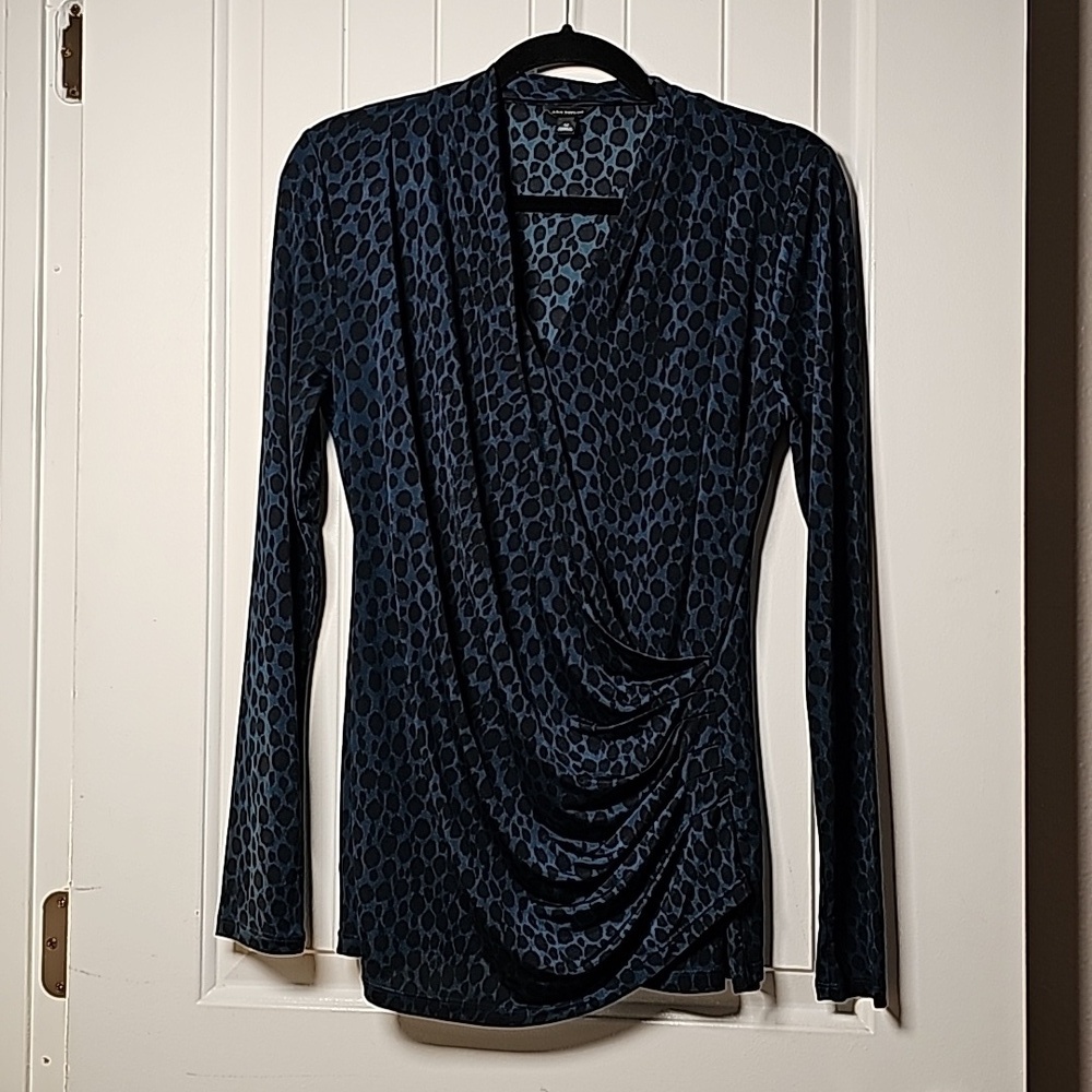 Ann Taylor Med cat print teal/black long sleeve blouse